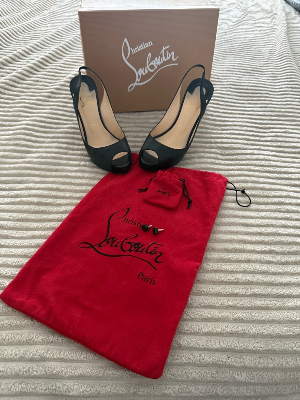 Christian Louboutin Black Peep-Toe Slingback Heels with Red Dust Bag and Box